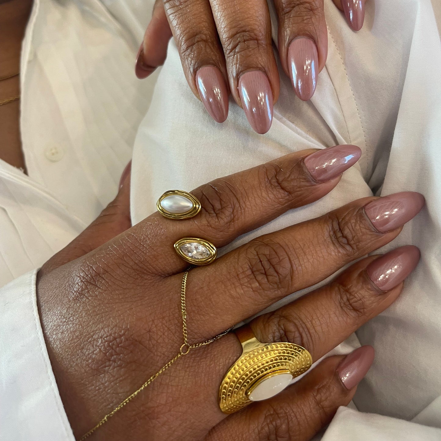 Two Stone Statement Adjustable Ring - Pearl and Gold