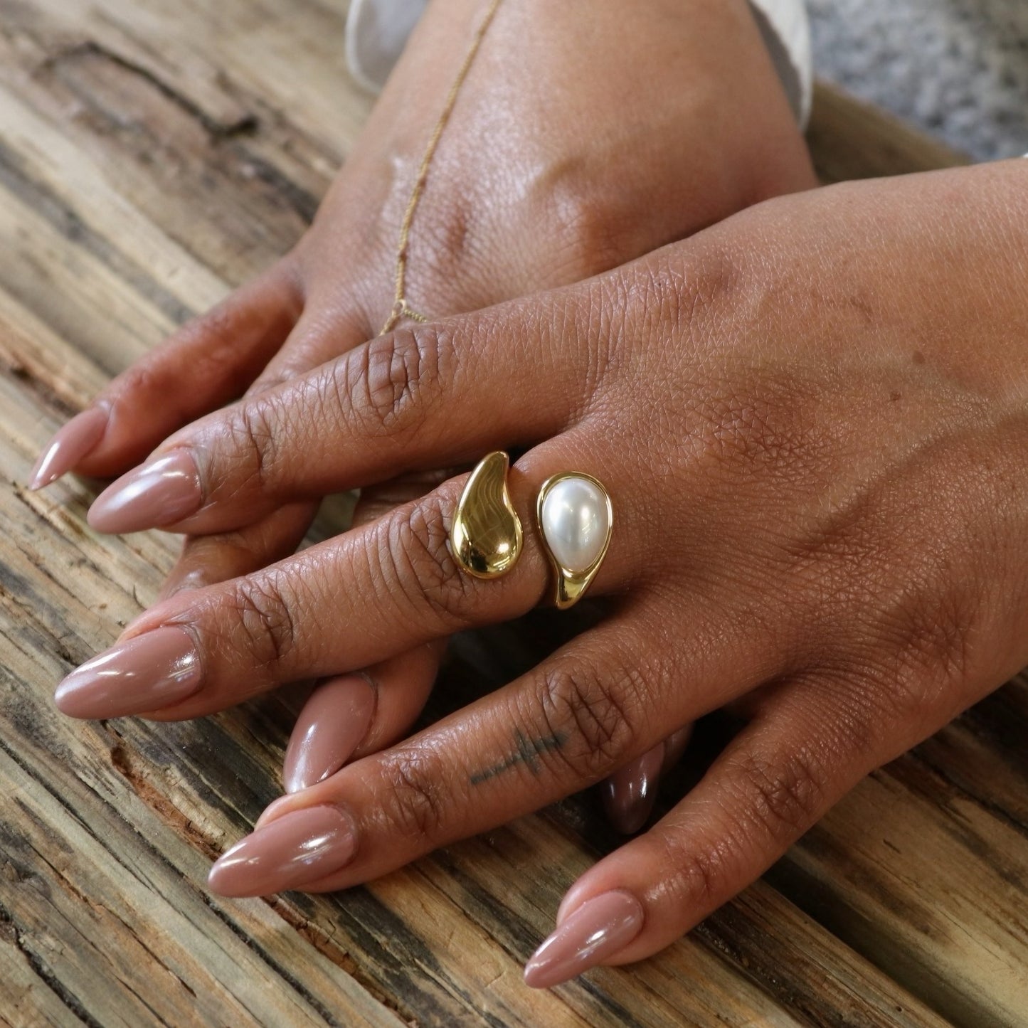 Dome Adjustable Wrap Ring - Pearl and Gold