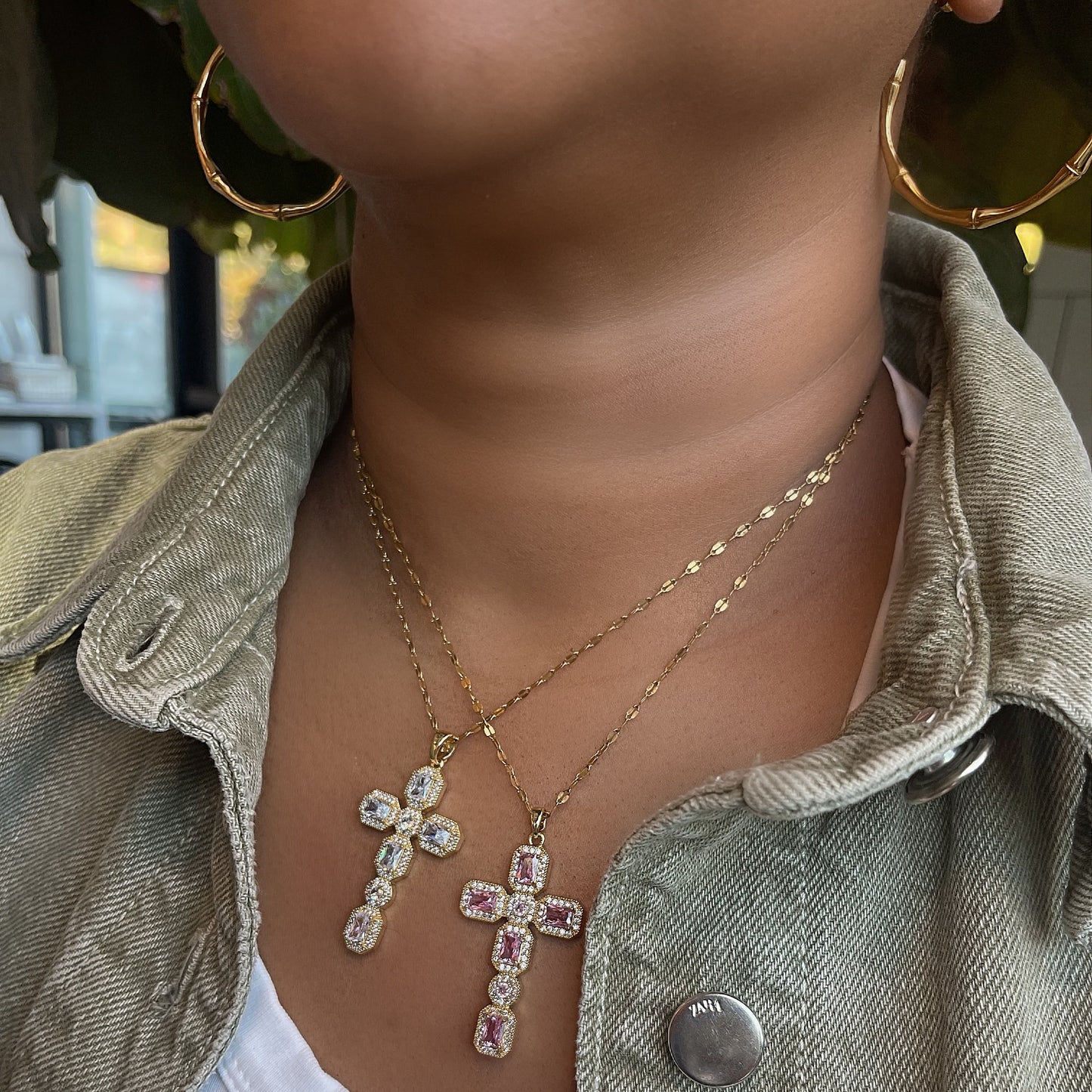 Iced Gold Cross Necklace - Clear