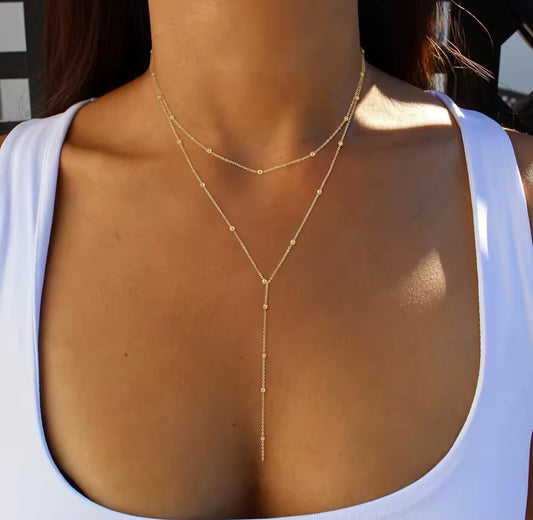 Beaded Layered Y Drop Necklace - Gold