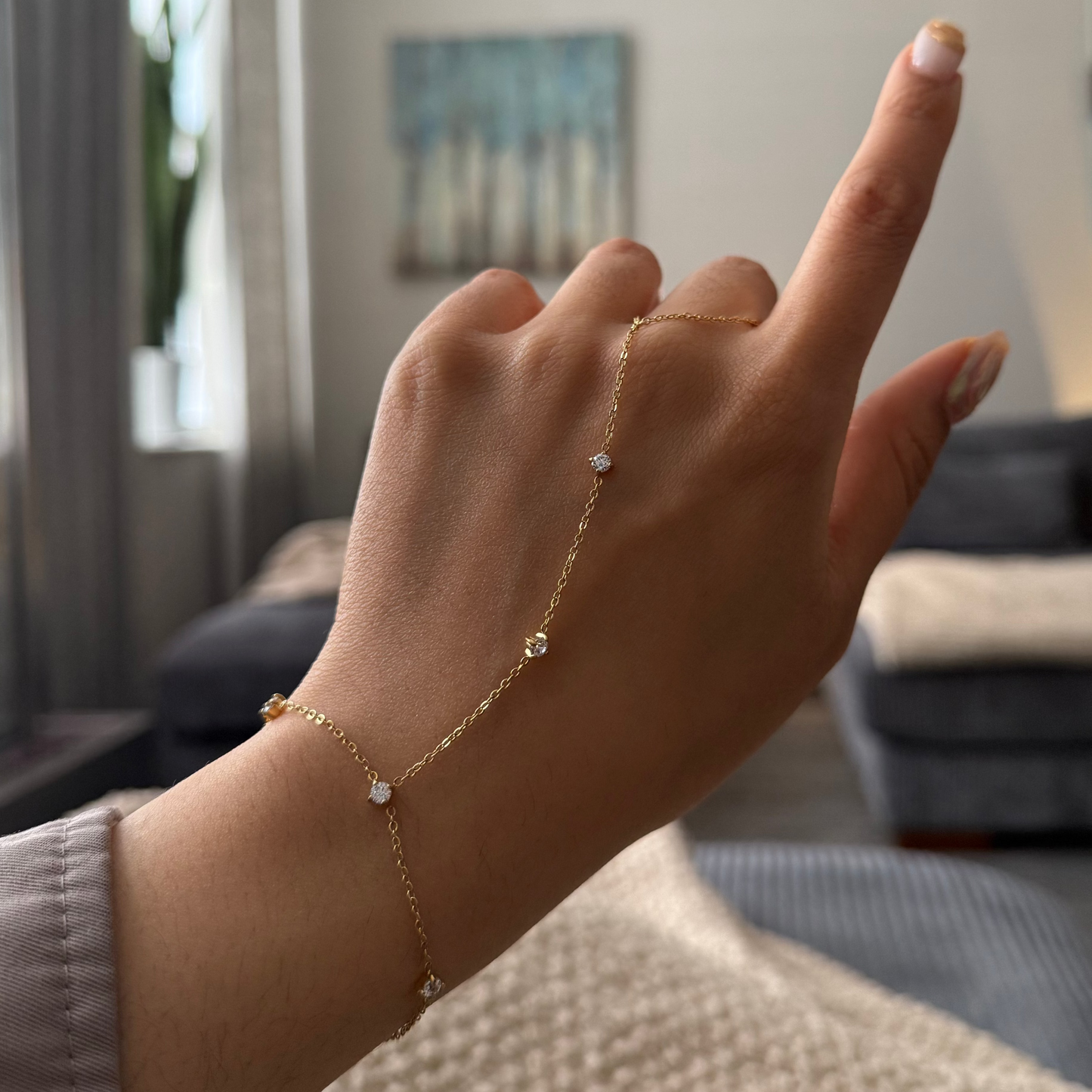 Dainty Diamond Hand Chain - Gold