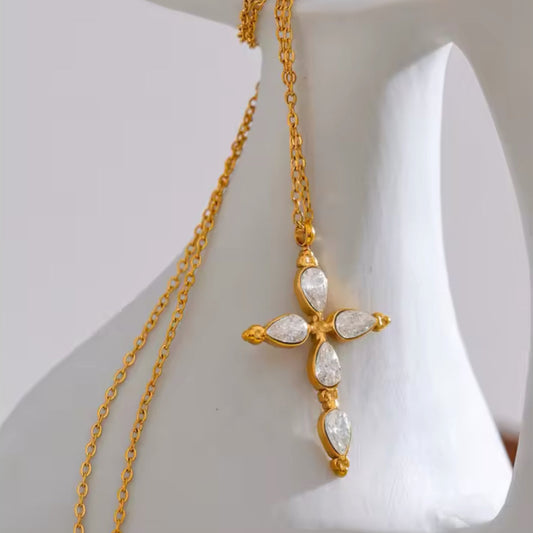 Pear Cut Crystal Cross Necklace - Gold