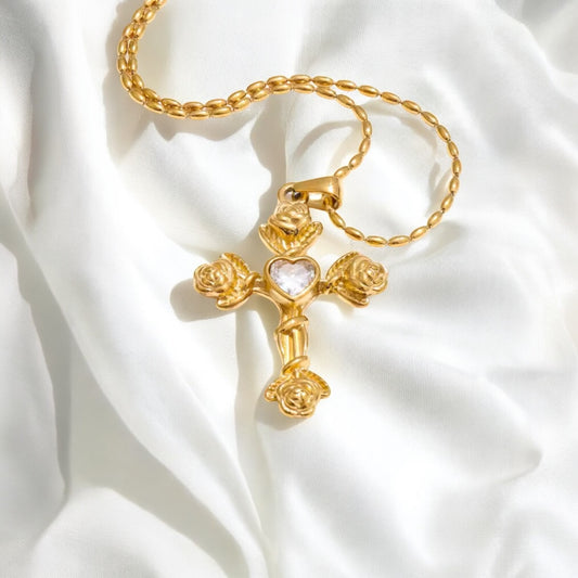 Vintage Rose Cross Necklace - Gold