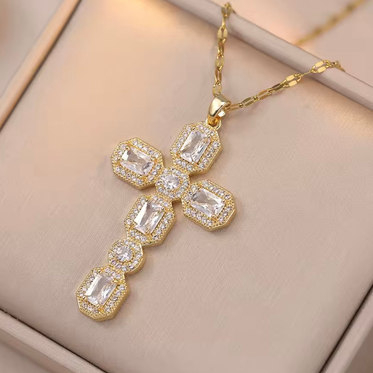 Iced Gold Cross Necklace - Clear