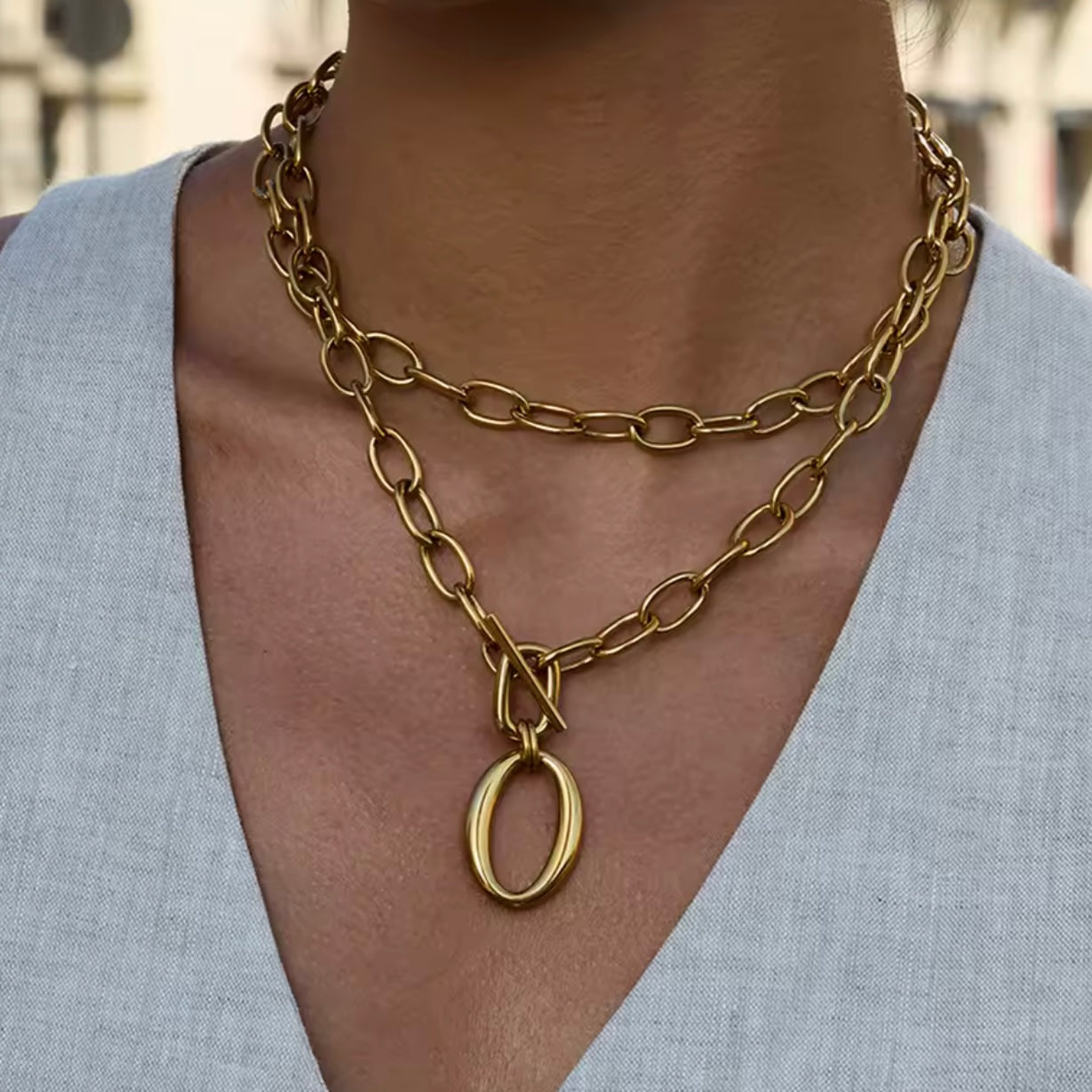 Double Layer Chunky Link Chain Necklace - OT Buckle Clasp