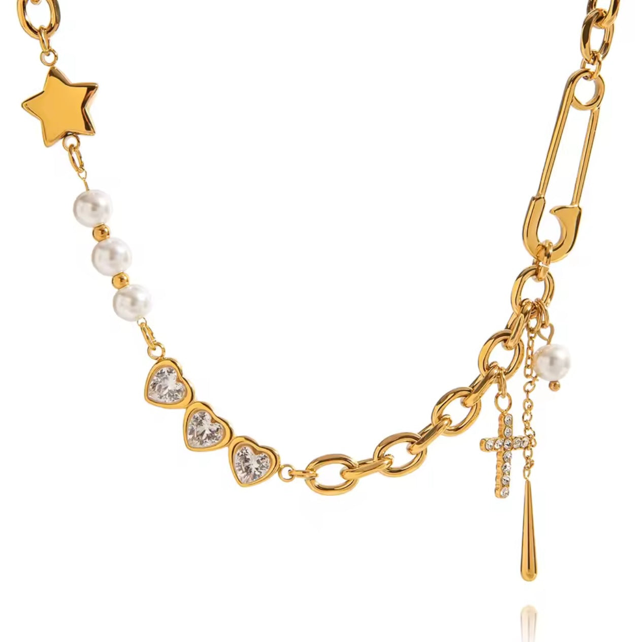 Pearl Patchwork Necklace - Gold Chain with Star, Cross, and Heart Pendants