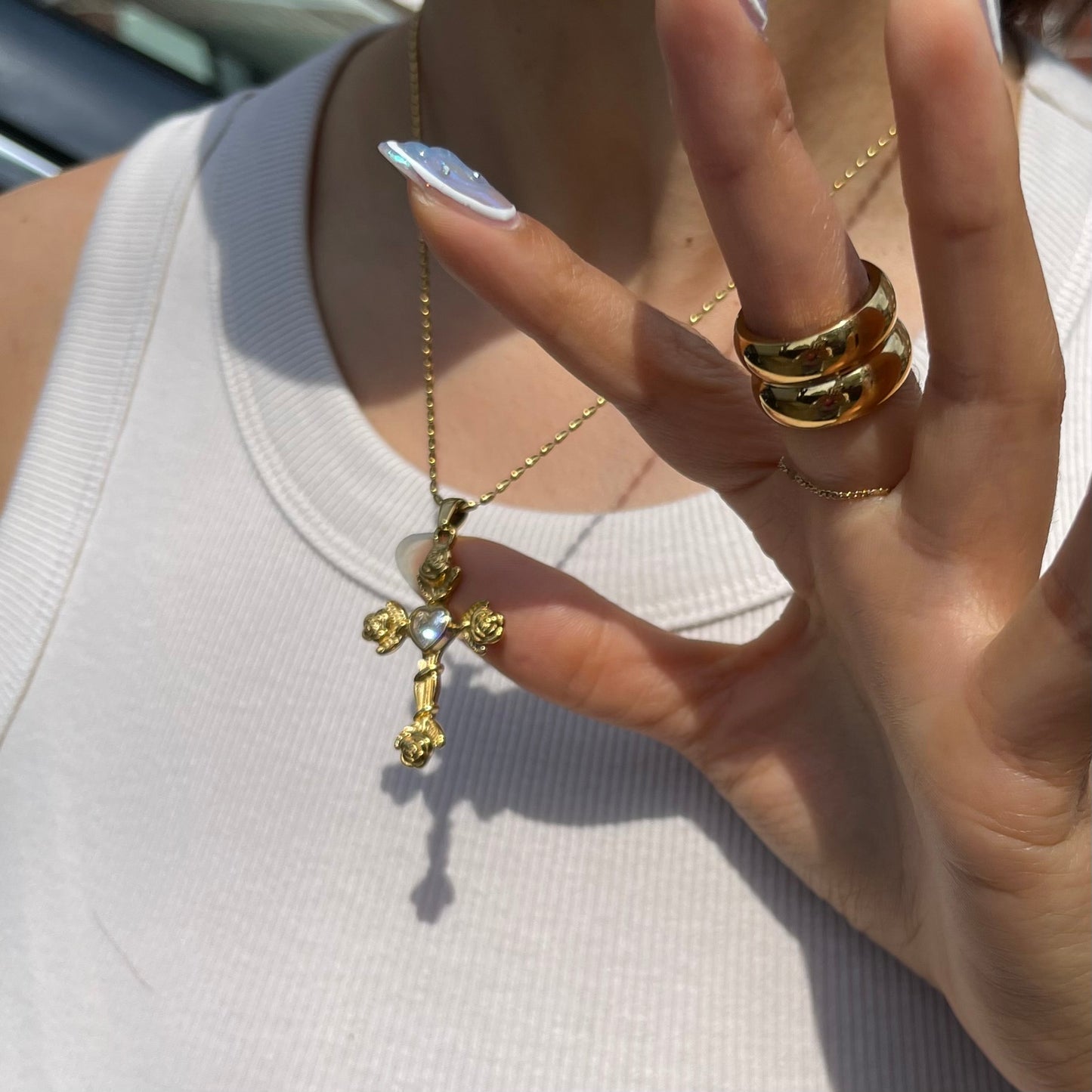 Vintage Rose Cross Necklace - Gold