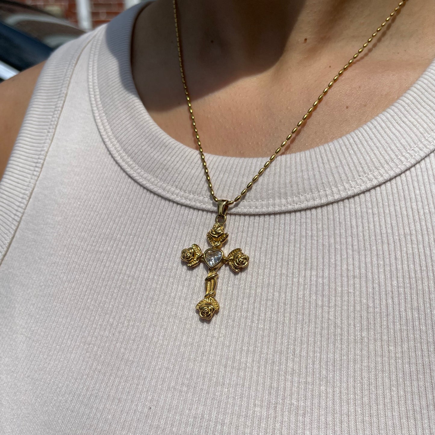 Vintage Rose Cross Necklace - Gold