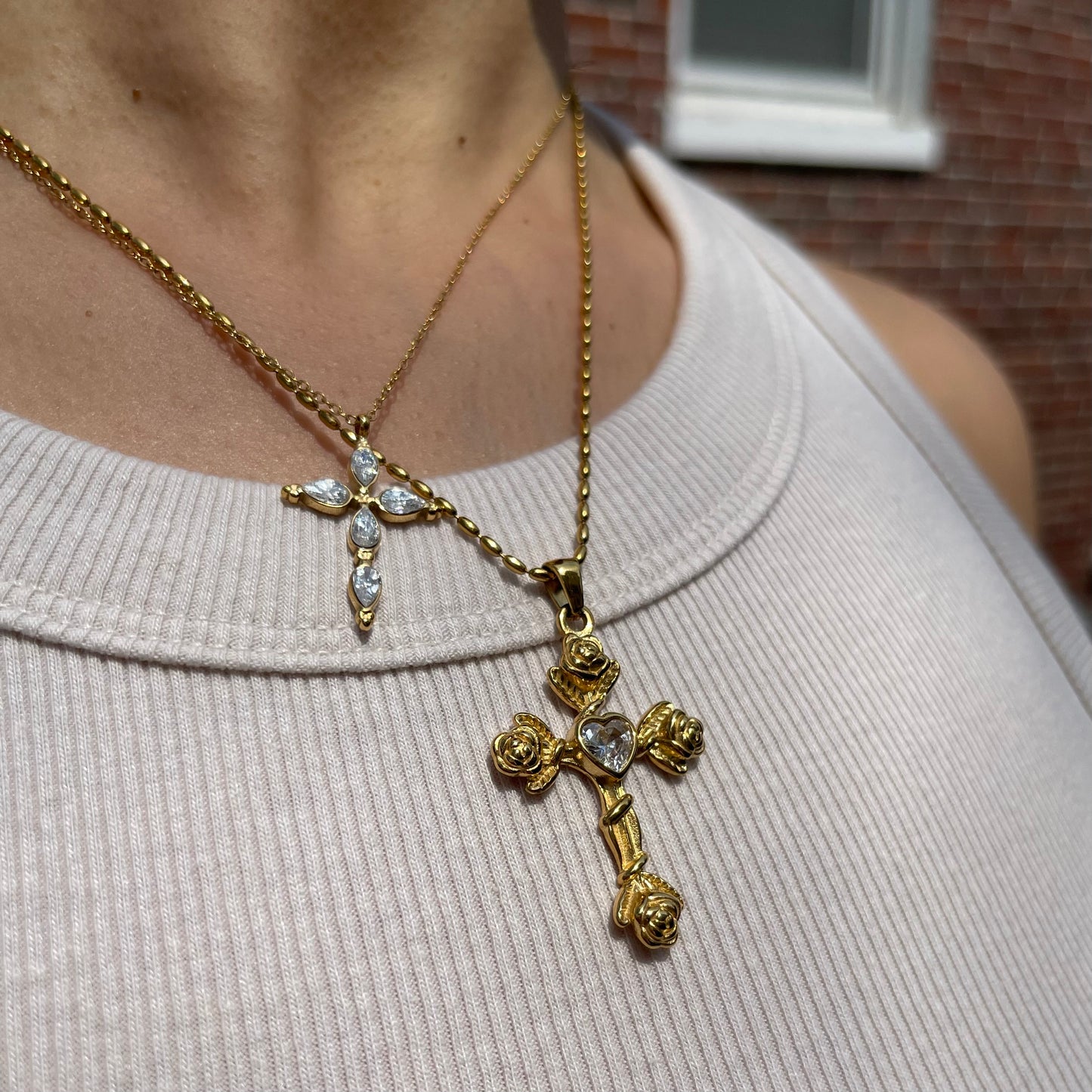 Pear Cut Crystal Cross Necklace - Gold