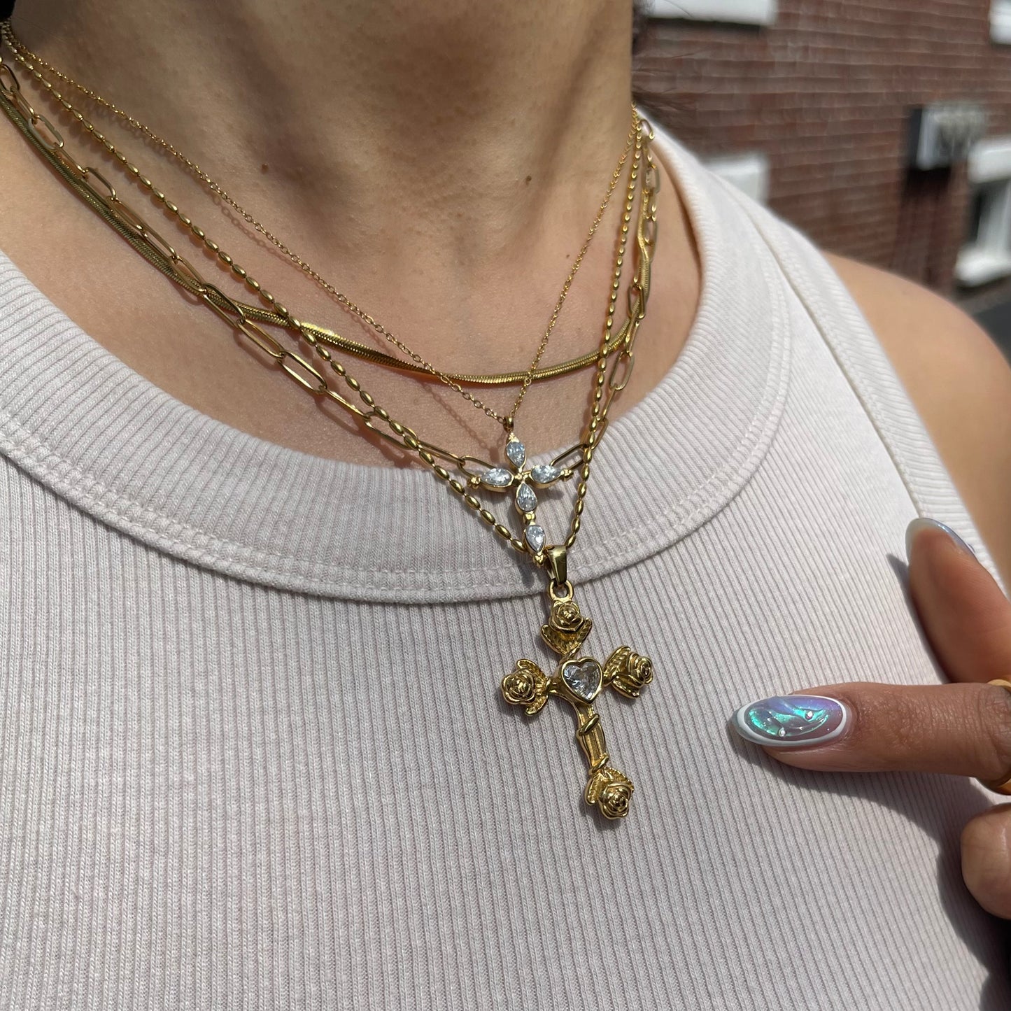 Pear Cut Crystal Cross Necklace - Gold