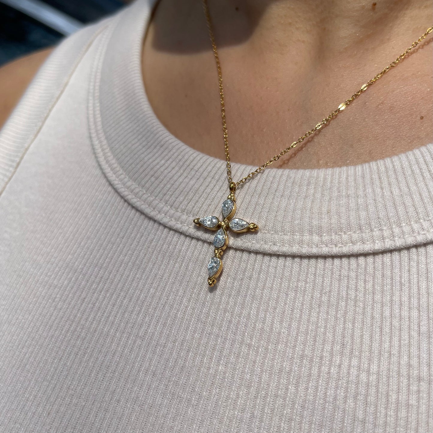 Pear Cut Crystal Cross Necklace - Gold
