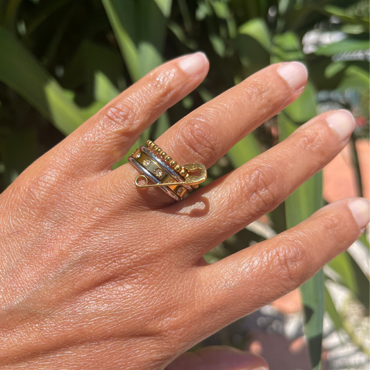 Mixed Metal Safety Pin Ring - Gold and Silver