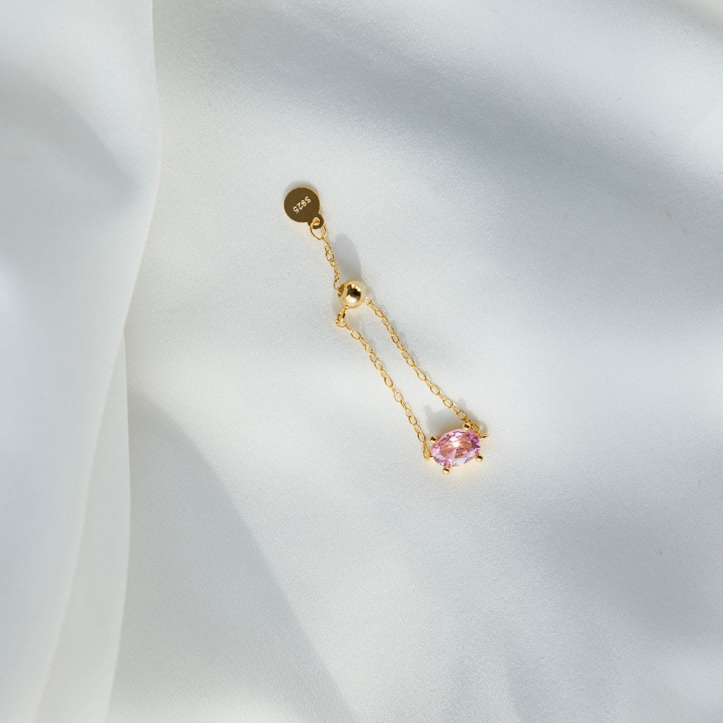 Dainty Pink Gemstone Pull Chain Adjustable Ring - Gold