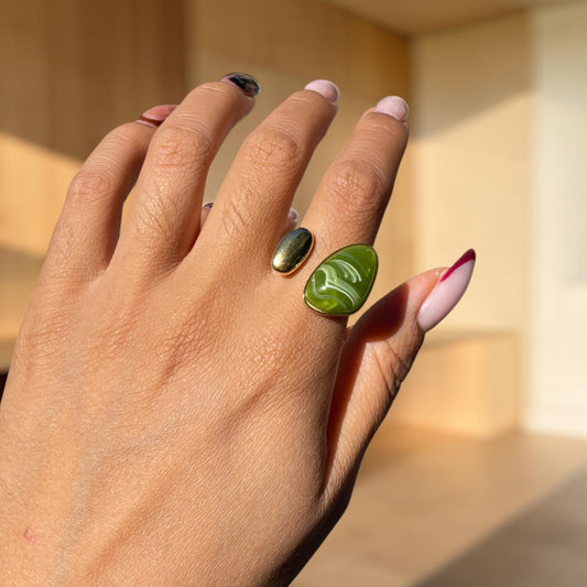 Marbled Stone and Dome Adjustable Ring - Olive