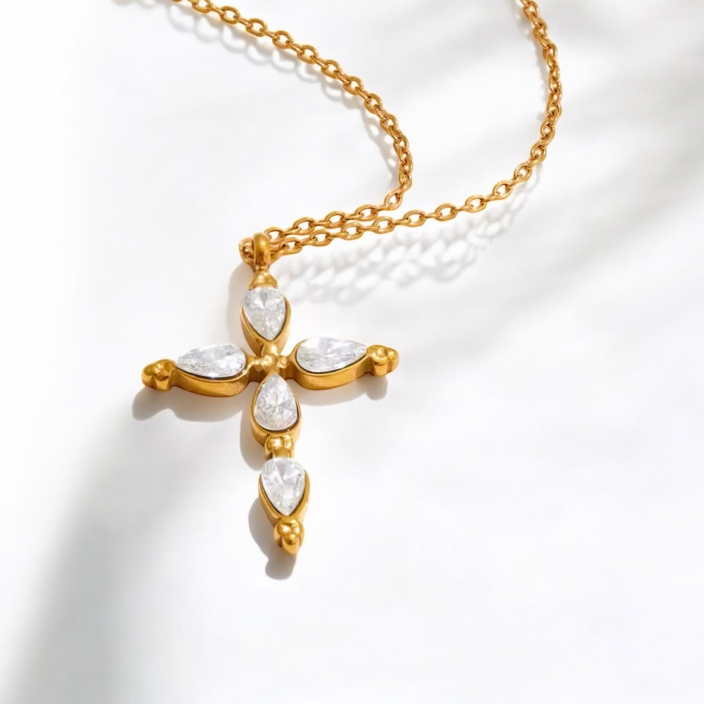 Pear Cut Crystal Cross Necklace - Gold