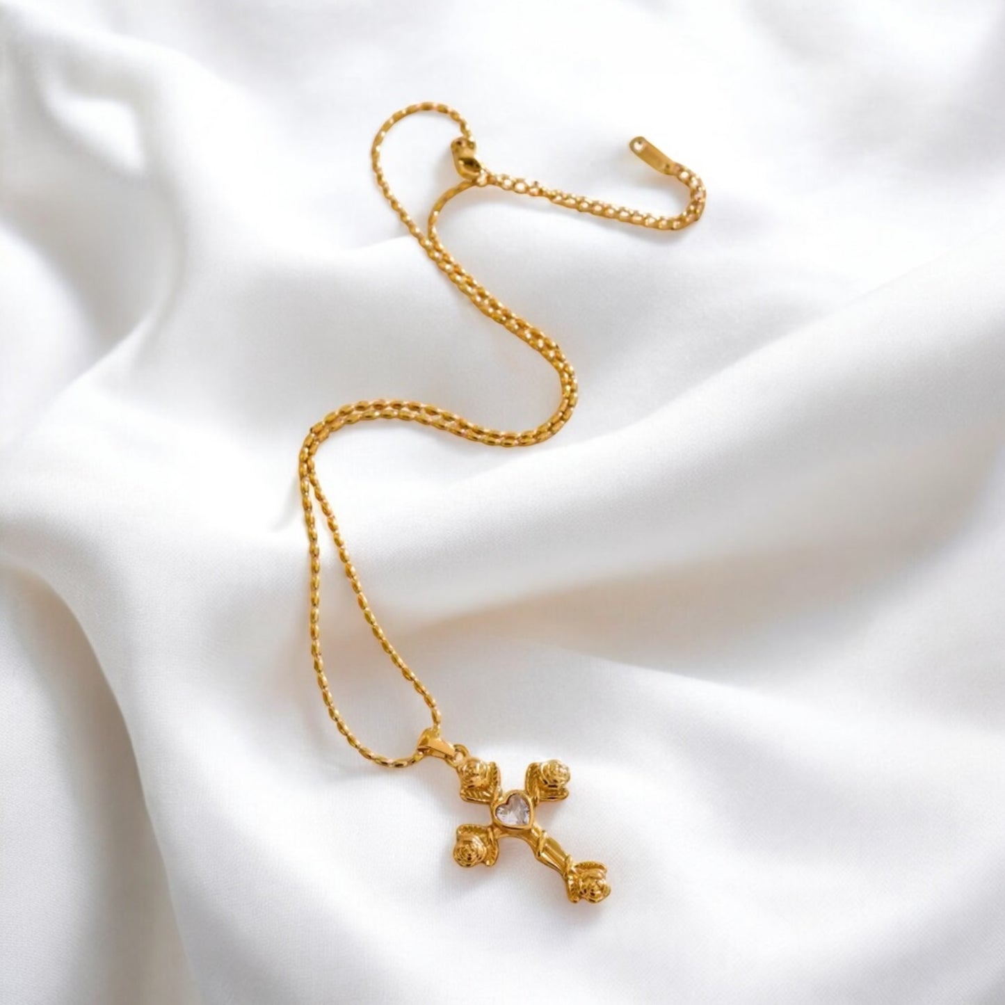 Vintage Rose Cross Necklace - Gold