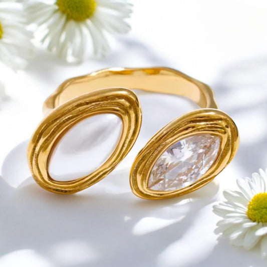 Two Stone Statement Adjustable Ring - Pearl and Gold
