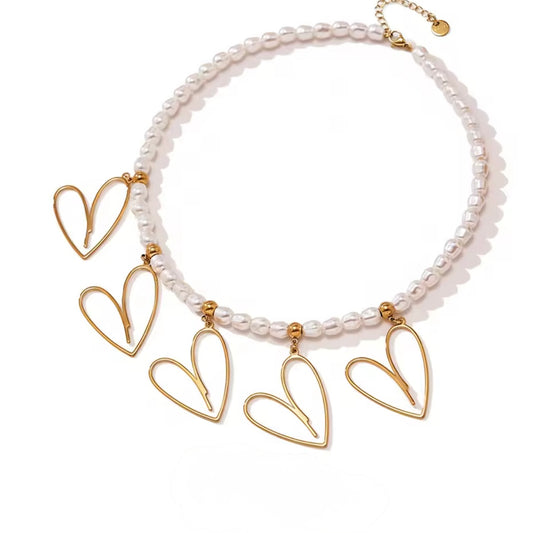 Pearl Necklace with Heart Charms