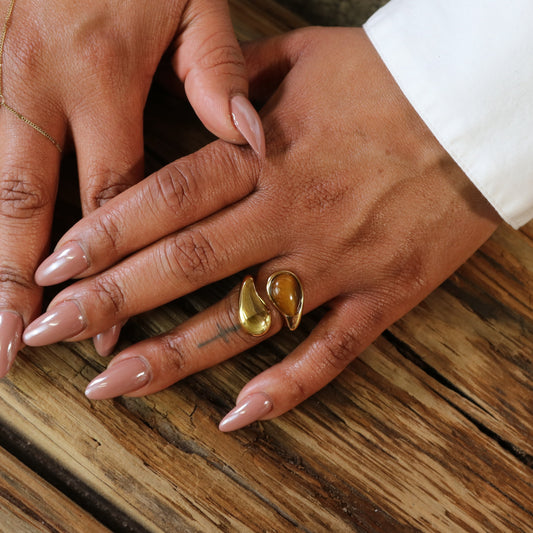 Dome Adjustable Wrap Ring - Tiger Eye and Gold