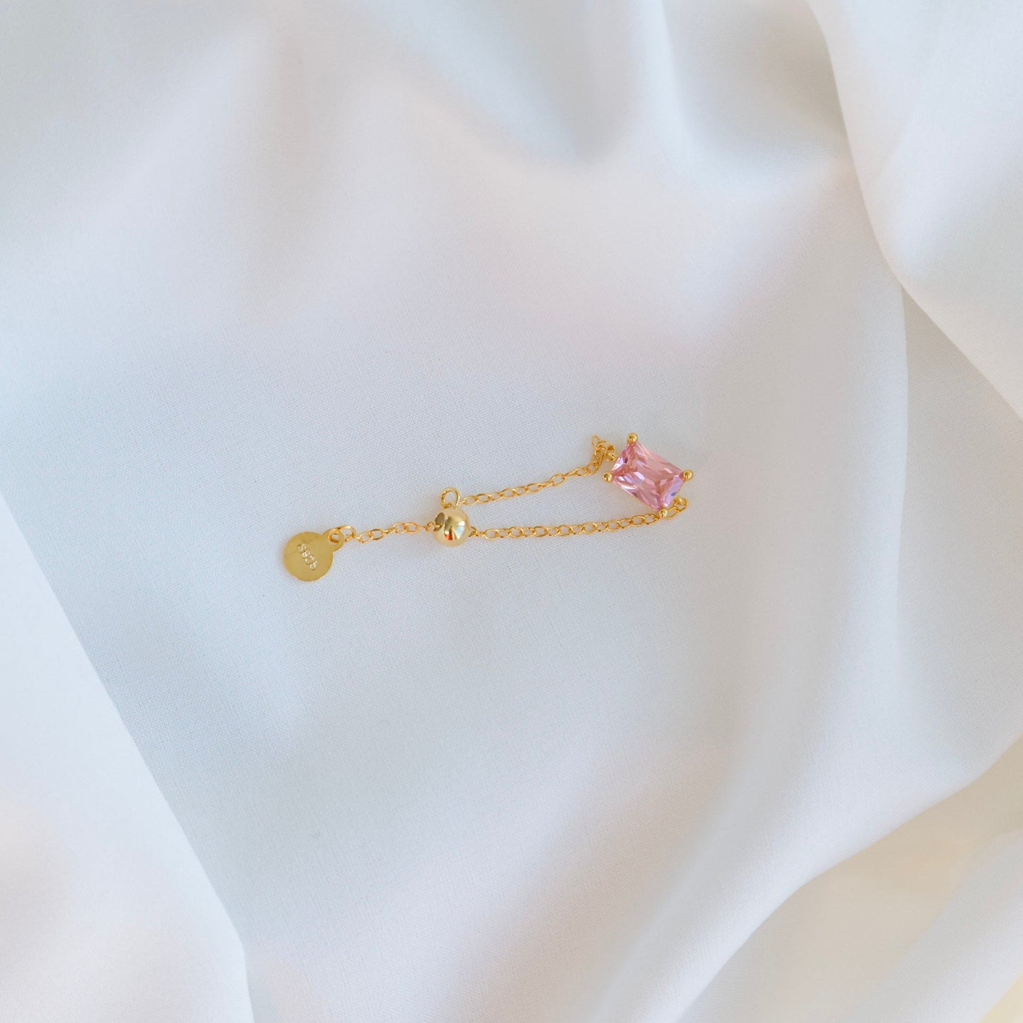 Dainty Pink Gemstone Pull Chain Adjustable Ring - Gold