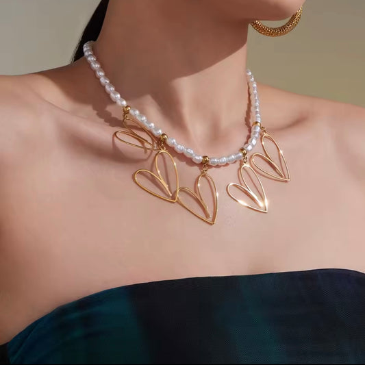 Pearl Necklace with Heart Charms