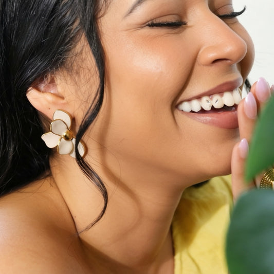 Sculpted Petal Statement Earrings - Stone and Gold