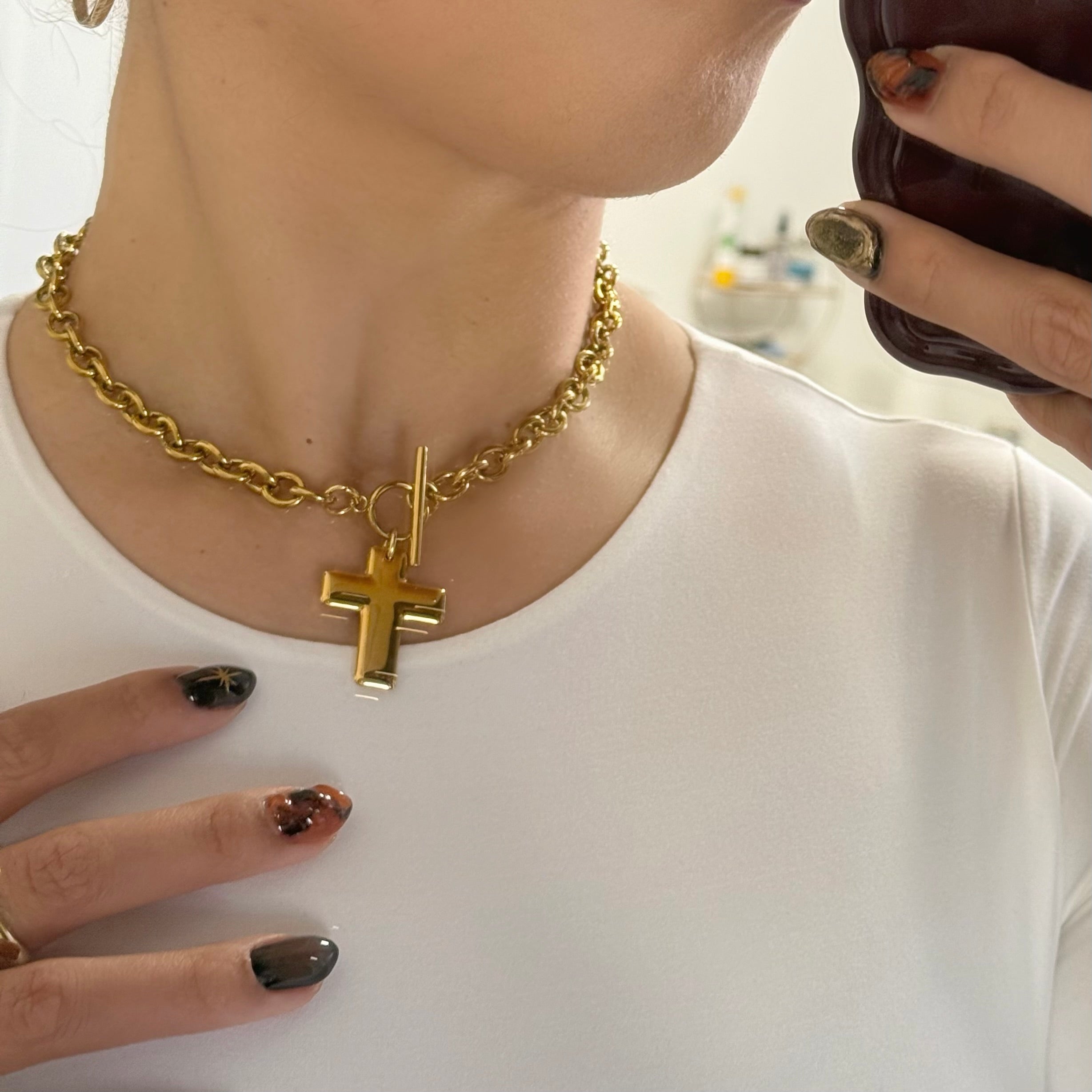Waterproof Gold Cross Necklace with Toggle Clasp - Preciously