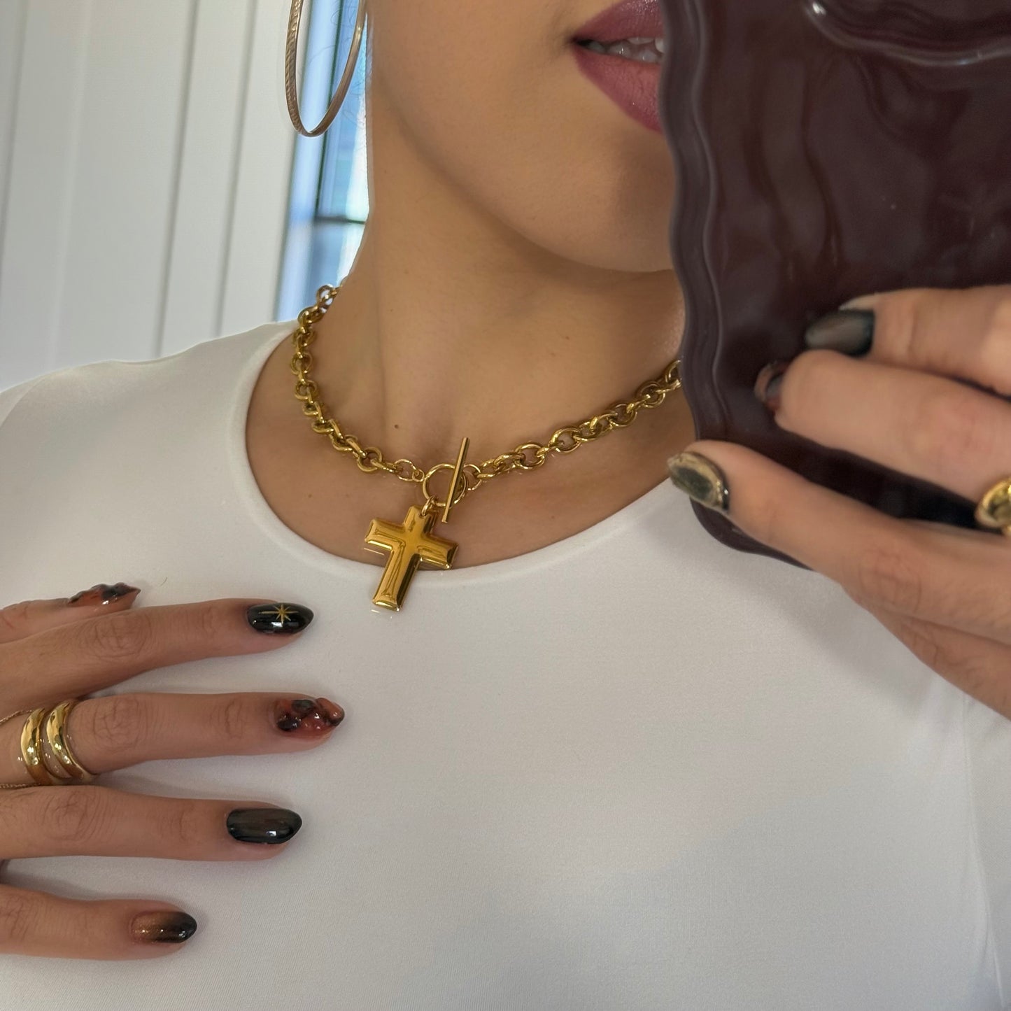 Bold Cross OT Clasp Necklace - Gold