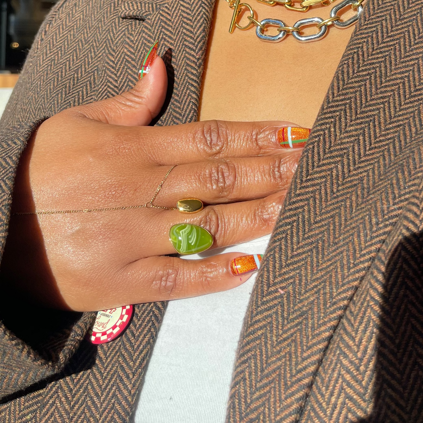 Marbled Stone and Dome Adjustable Ring - Olive