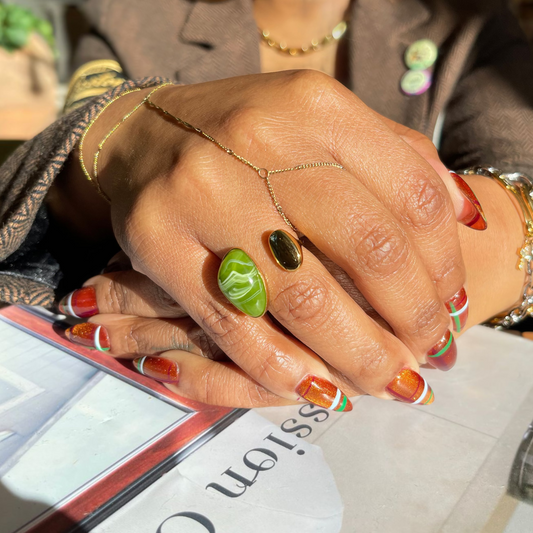 Marbled Stone and Dome Adjustable Ring - Olive
