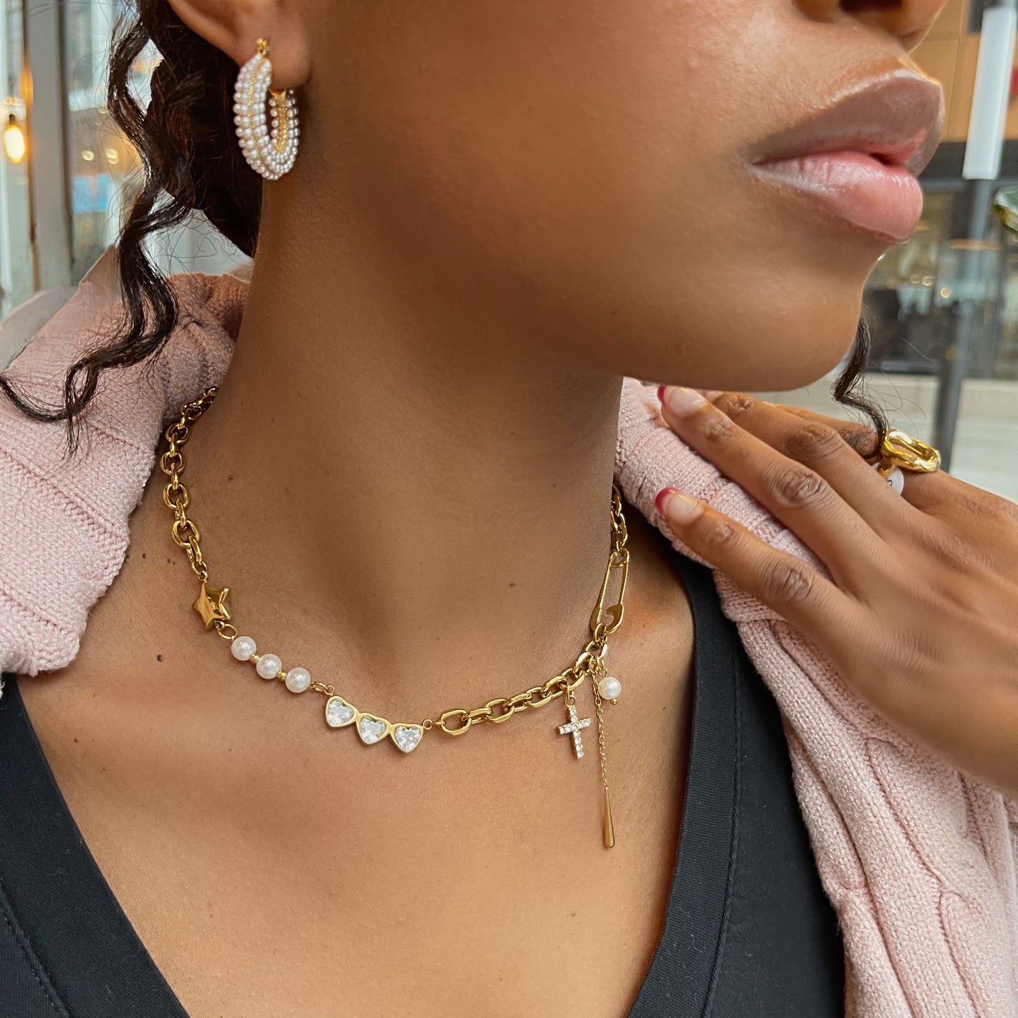 Pearl Patchwork Necklace - Gold Chain with Star, Cross, and Heart Pendants