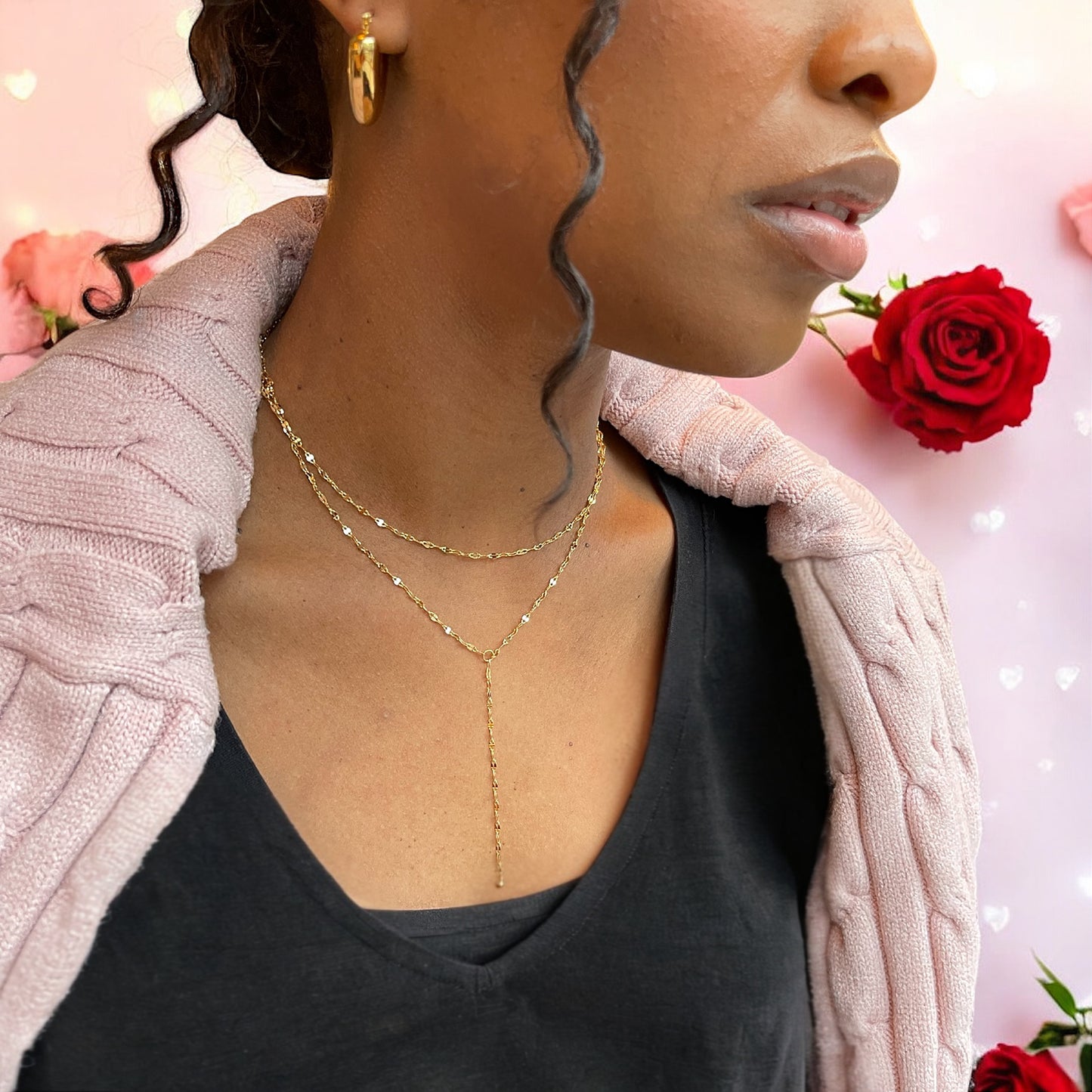 Sequin Cut Layered Y Drop Necklace - Gold