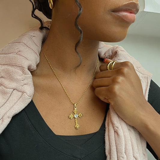 Vintage Rose Cross Necklace - Gold