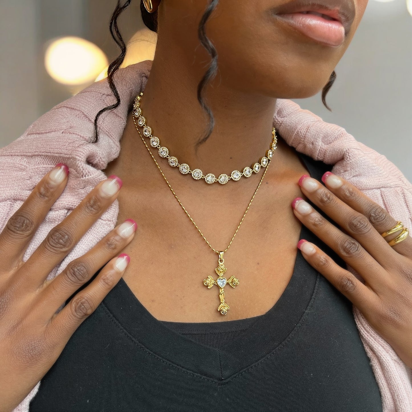 Vintage Rose Cross Necklace - Gold