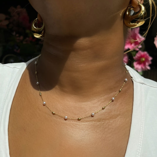 Necklace with small beads worn by a person, with a blurred background of pink flowers.
