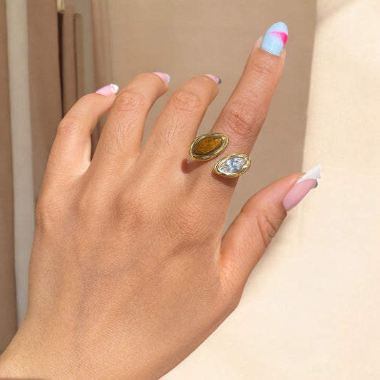 [PRE ORDER: Ships on or before 3/30] Two Stone Statement Adjustable Ring - Tiger Eye and Gold