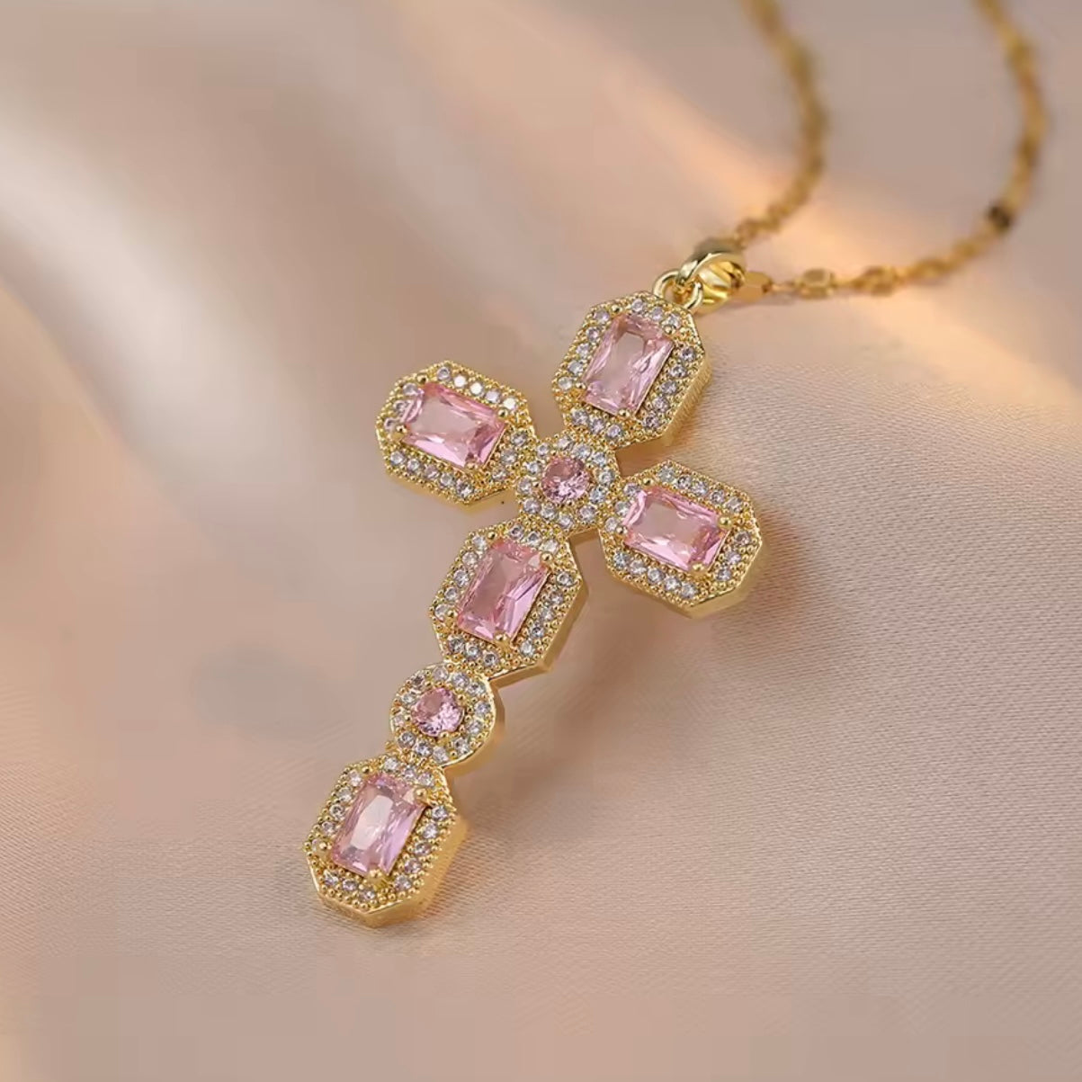 Iced Gold Cross Necklace - Pink