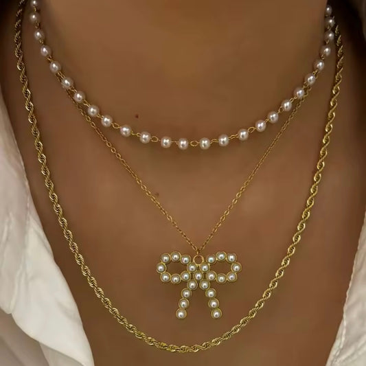 Pearl Studded Bow Layered Necklace Set - Gold Rope Chain and Pearl Choker