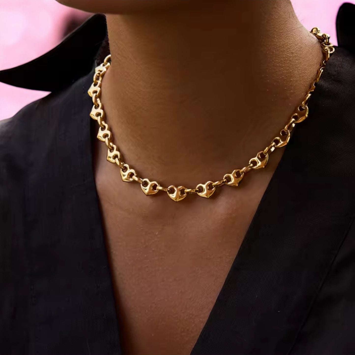 Pig Nose Heart Link Chain Necklace - Gold