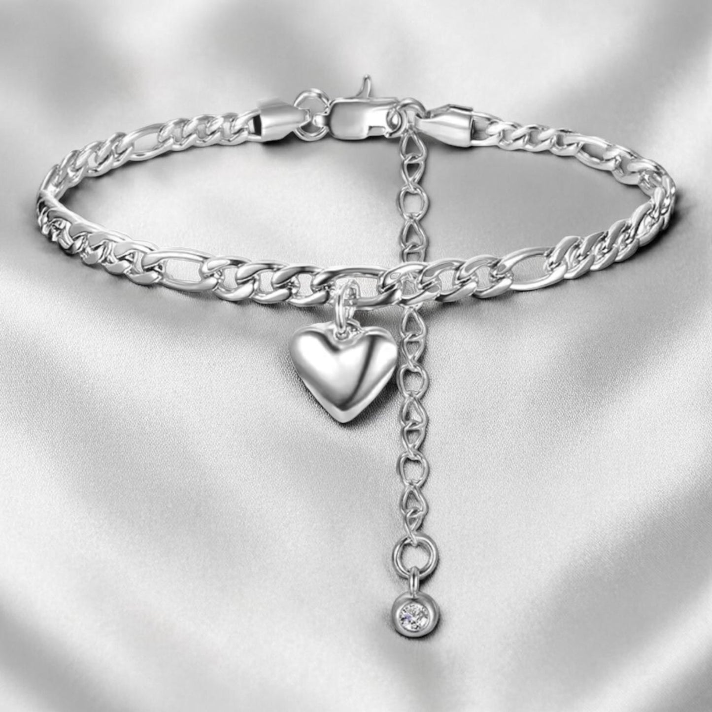 Heart Charm Figaro Anklet - Gold