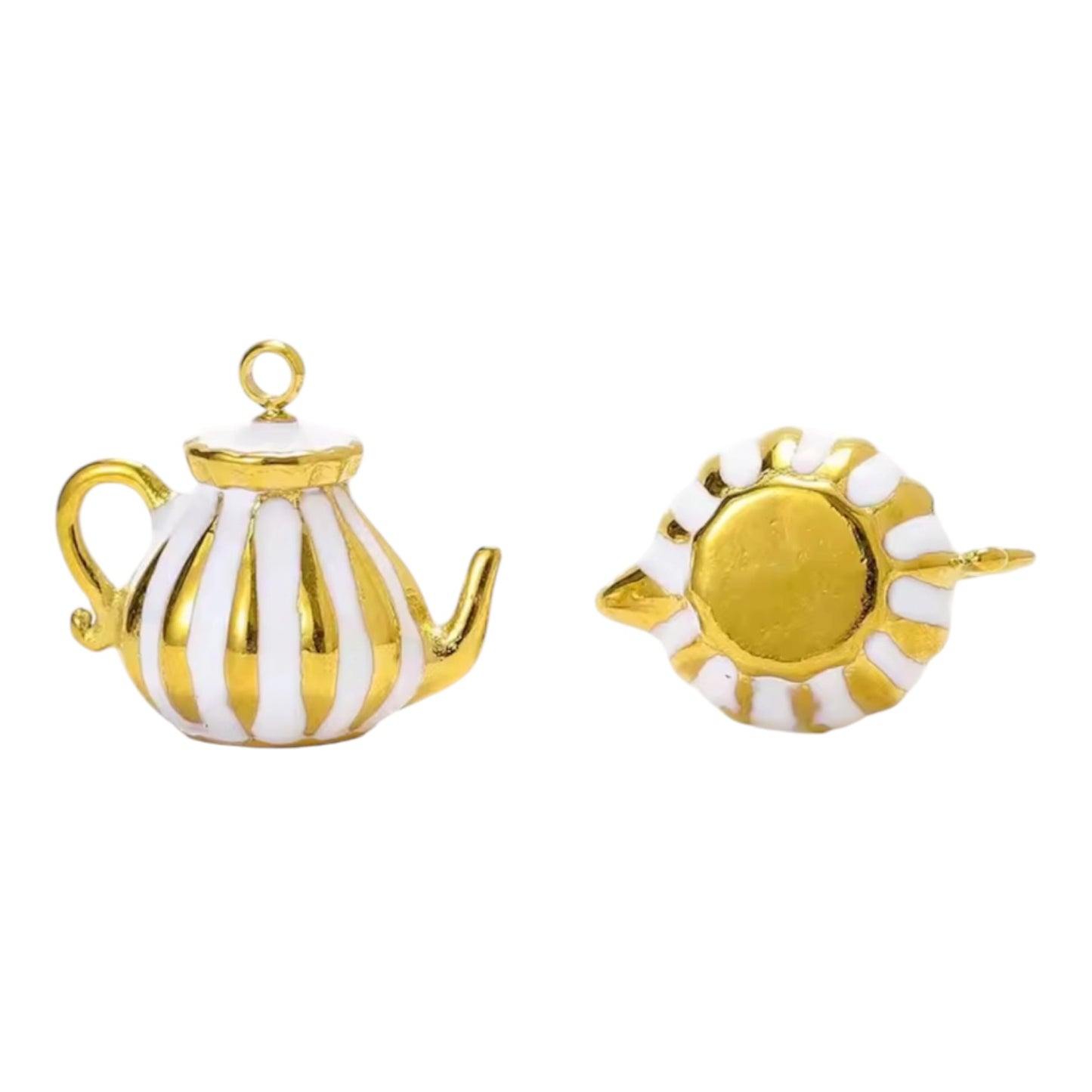 White Striped Teapot Charm - Gold