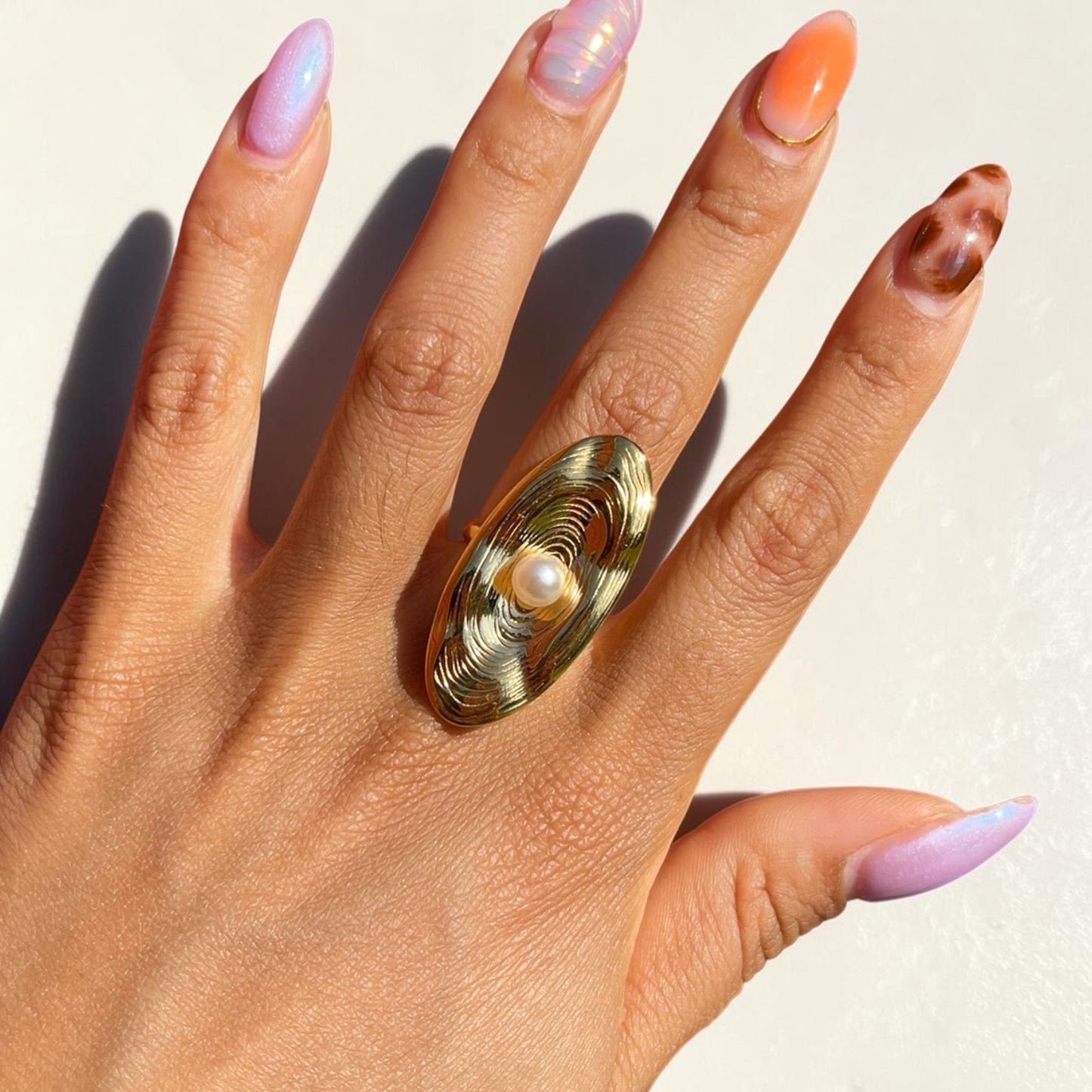 Long Oval Pearl Adjustable Ring