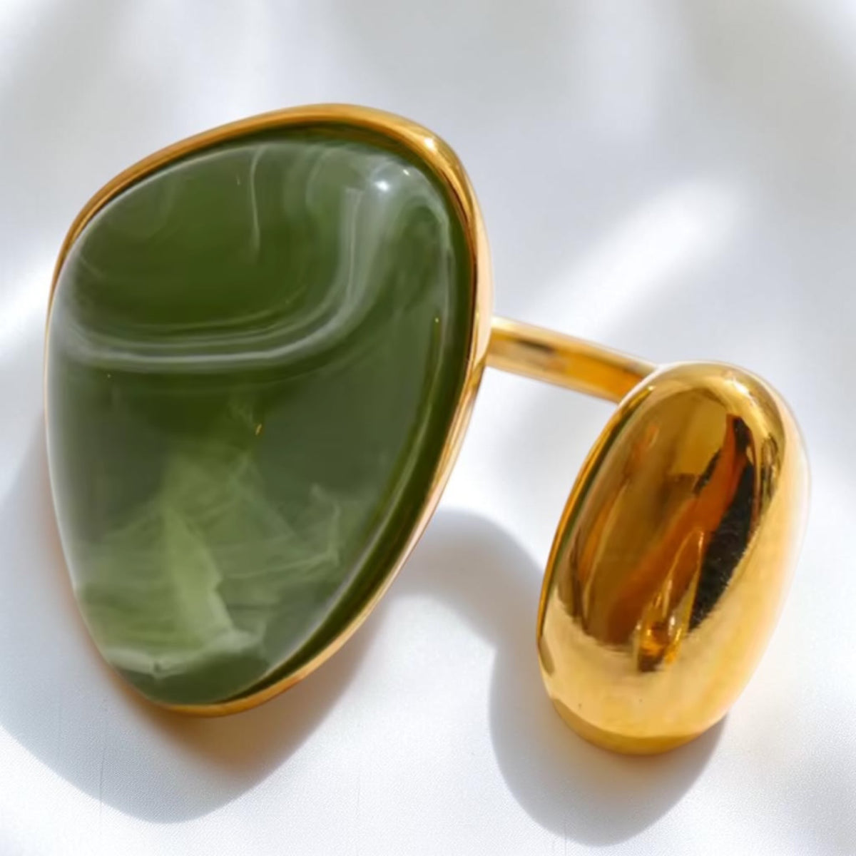 Marbled Stone and Dome Adjustable Ring - Olive