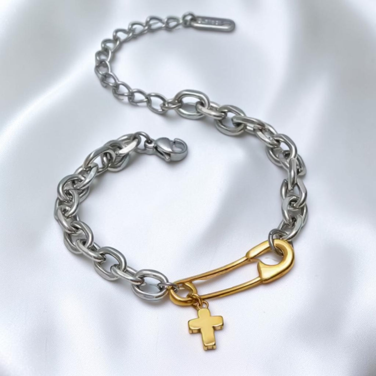 Safety Pin Cross Charm Chain Bracelet - Mixed Metal