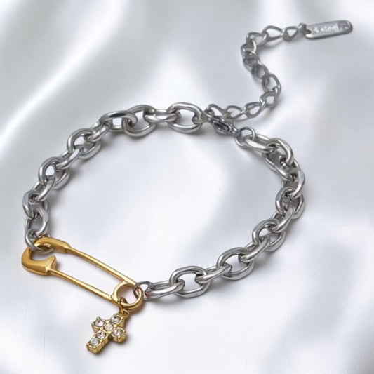 Safety Pin Cross Charm Chain Bracelet - Mixed Metal