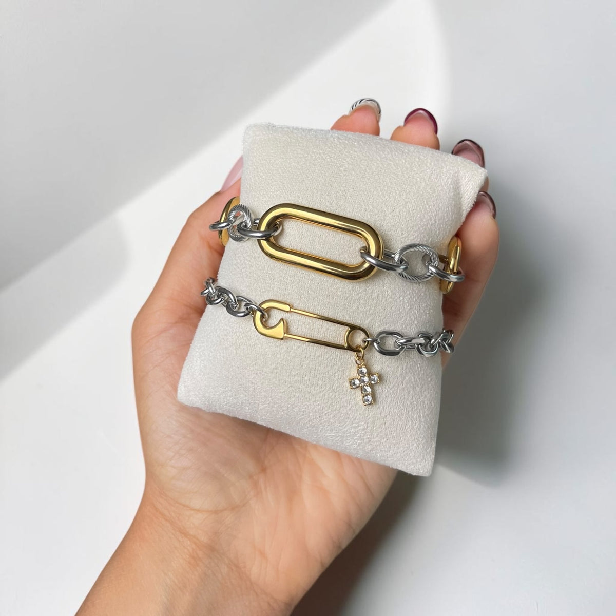 Safety Pin Cross Charm Chain Bracelet - Mixed Metal