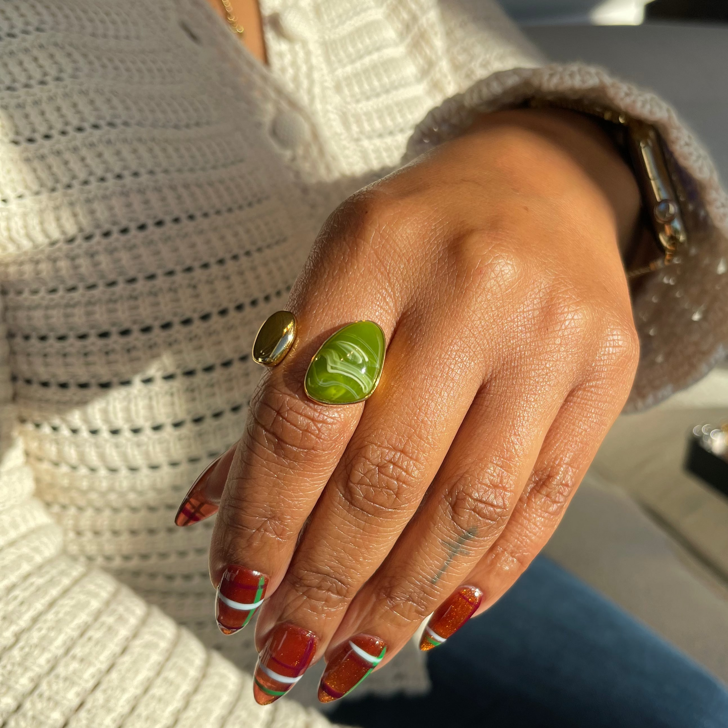Marbled Stone and Dome Adjustable Ring - Olive