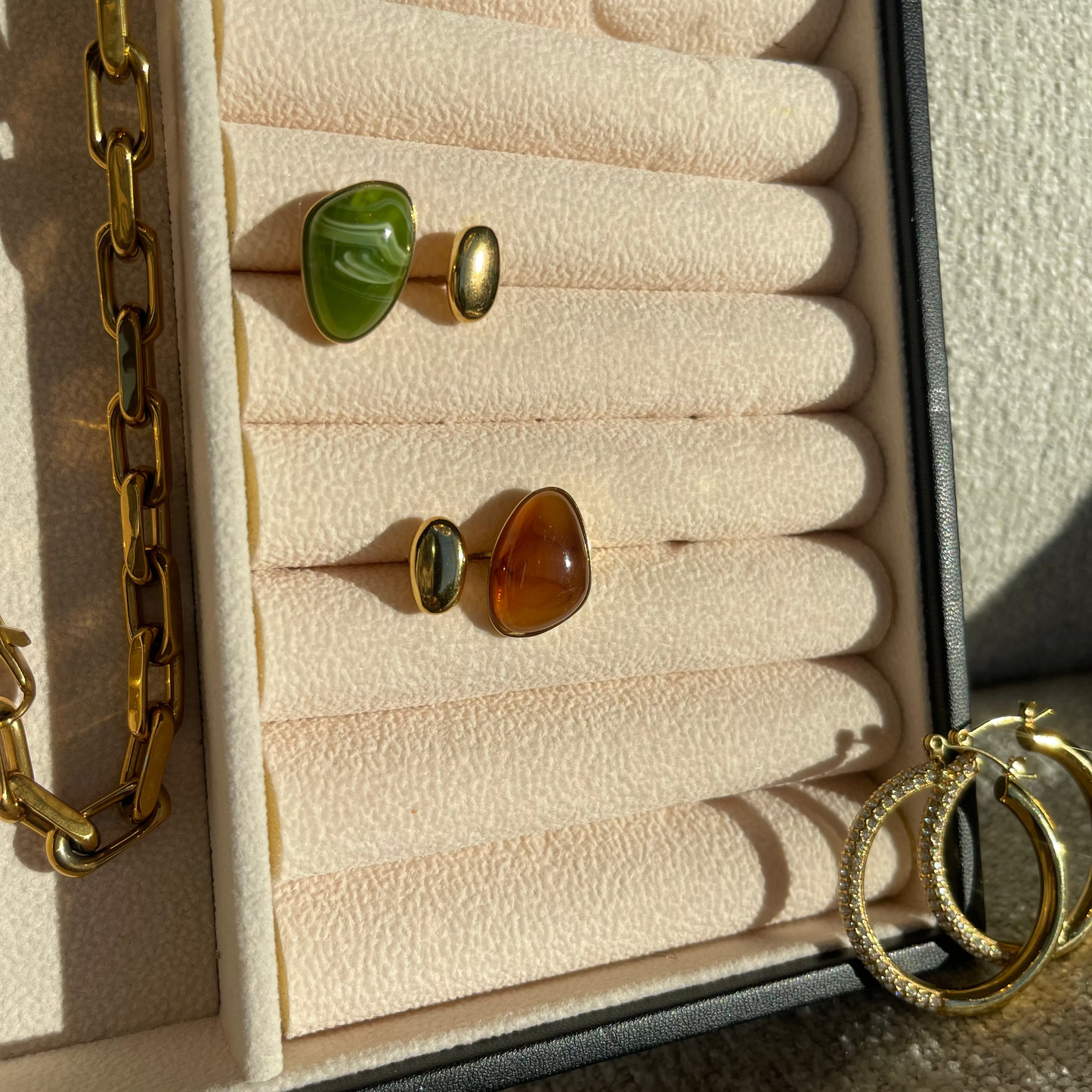 Marbled Stone and Dome Adjustable Ring - Olive