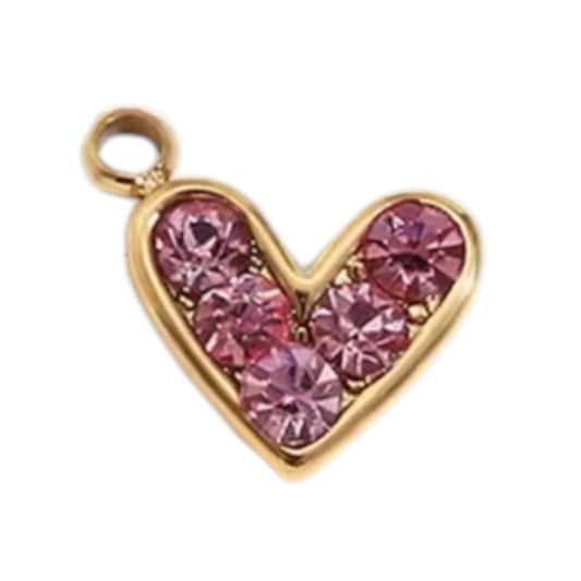 Pink Gem Heart Charm - Gold