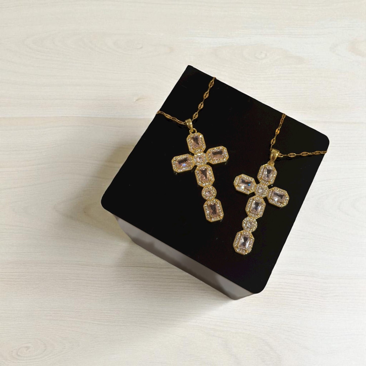 Iced Gold Cross Necklace - Pink